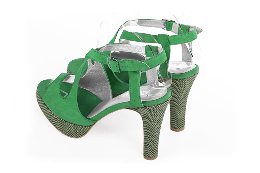 Emerald green women's open back sandals, with crossed straps. Round toe. Very high slim heel with a platform at the front. Rear view - Florence KOOIJMAN
